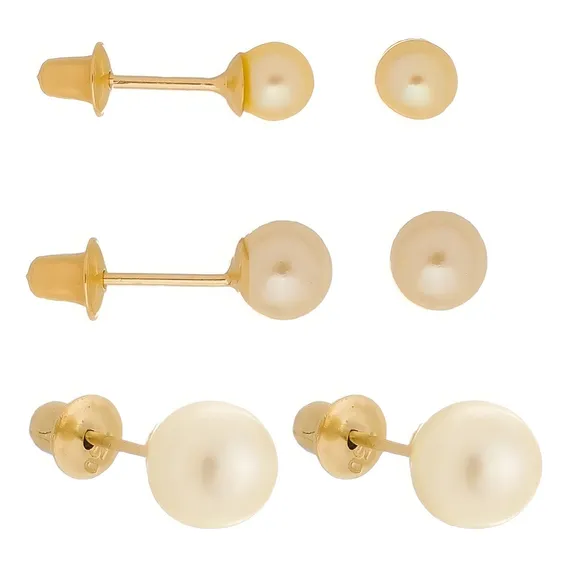 Kit 3 Brincos Pérolas Natural 3mm 4mm 5mm Em Ouro 18k 750 Cor Dourado Foto 1