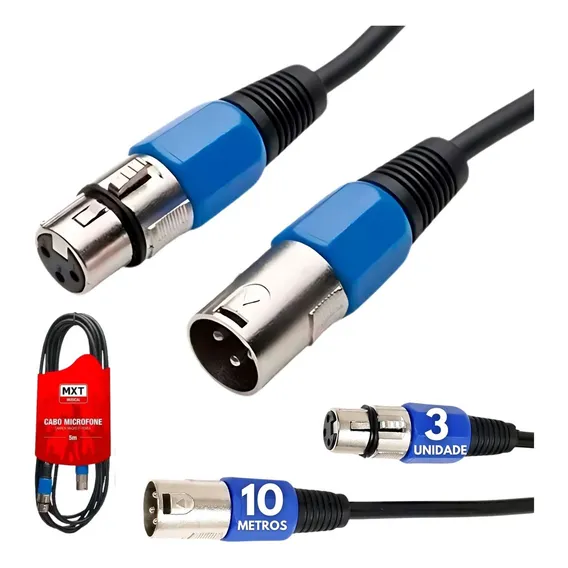Kit 3 Cabo Cannon Microfone Macho Femea Balanceado Xlr 10m Foto 1
