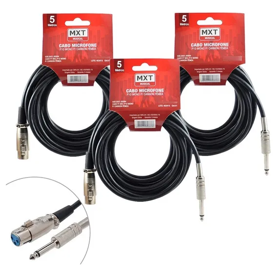 Kit 3 Cabos Xlr/p10 Mono 5 Metros Para Violão E Microfone Foto 1