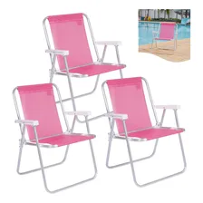 Kit 3 Cadeira De Praia Alta Sannet Alumínio De Piscina Rosa Foto  mini 1