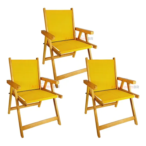 Kit 3 Cadeira Madeira Dobrável Área Jardim Varanda Amarelo Foto 1