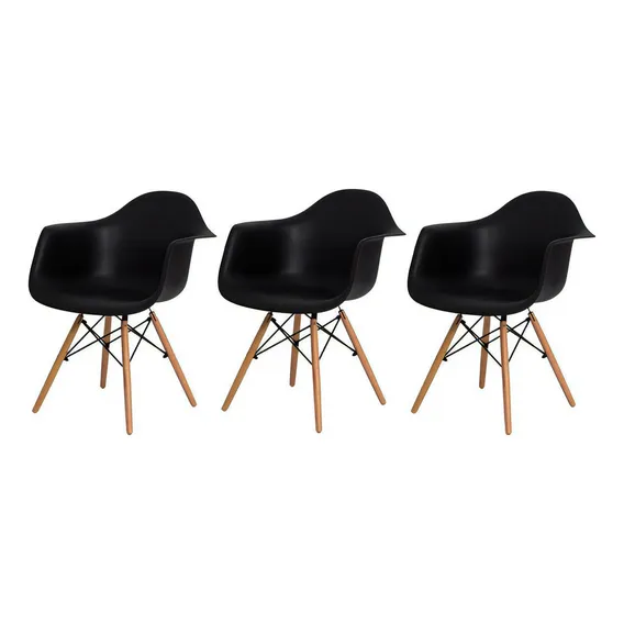Kit 3 Cadeiras Eiffel Eames Daw C/braço Preta Base Madeira Foto 1