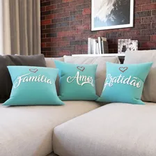 Kit 3 Capas Almofadas Com Frases FamÃlia, Amor, Gratidão Cor Azul Personalizados Foto mini 3