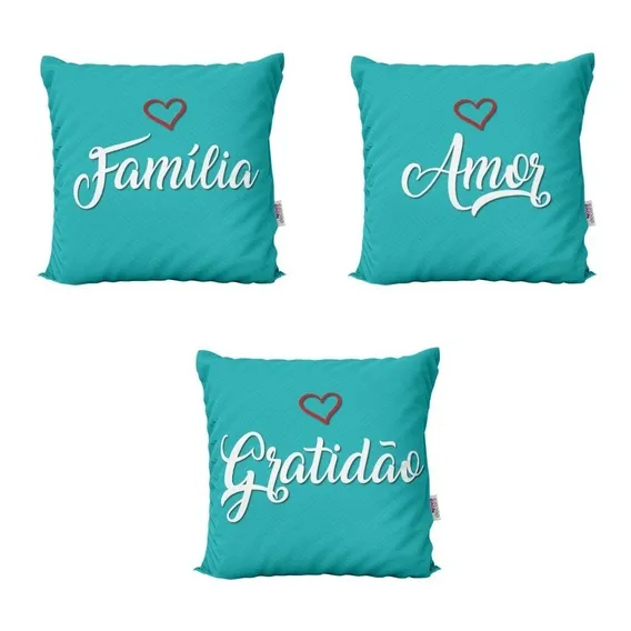 Kit 3 Capas Almofadas Com Frases FamÃlia, Amor, Gratidão Cor Azul Personalizados Foto 1