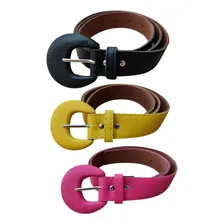 Kit 3 Cintos Feminino Colorido Couro Sintético Fivela Retro Cor Preto / Amarelo / Pink Tamanho 115cm Padrão Foto mini 1
