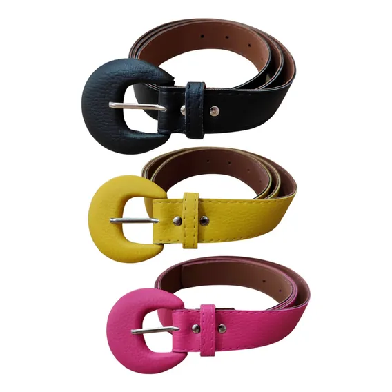 Kit 3 Cintos Feminino Colorido Couro Sintético Fivela Retro Cor Preto / Amarelo / Pink Tamanho 115cm Padrão Foto 1