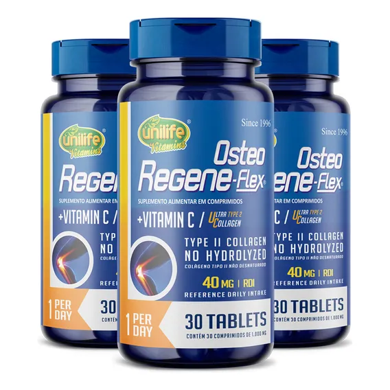 Kit 3 Colágeno tipo 2 II 40mg Regeneflex Osteo Unilife 30 Tablets Foto 1