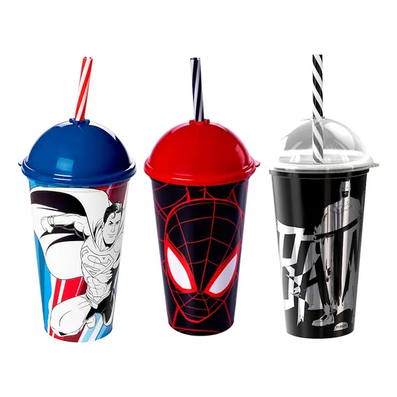 Kit 3 Copos Shake Com Canudo Spider Man Superman E Batman Foto 1