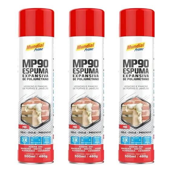 Kit 3 Espuma Expansiva Poliuretano 500ml/480g Mundial Prime Foto 1
