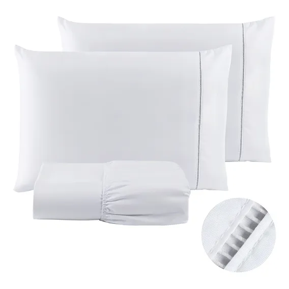 Kit 3 Jogos Lençol Queen 200 Fios Ponto Palito 3 Pçs Branco Foto 1