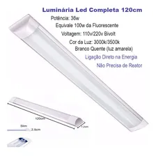 Kit 3 Luminária Lâmpada Led Tubular Sobrepor Slim Bivolt 120cm 3000k Branco Quente Completa 40w 110v/220v (bivolt) Foto mini 4