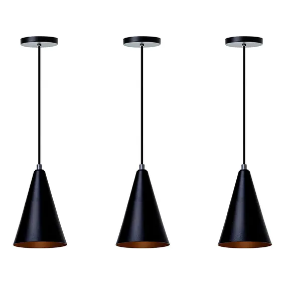 Kit 3 Lustre Pendente Cone P Preto Alumínio Decoração Foto 1