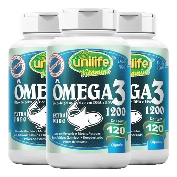 Kit 3 Ômega 3 Óleo De Peixe 120 Cápsulas 1200 Mg - Unilife Sabor Neutro Foto 1