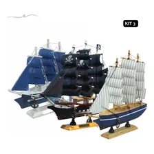 Kit 3 Navios Pirata Preto Branco Veleiro Miniatura Barcos Foto mini 1