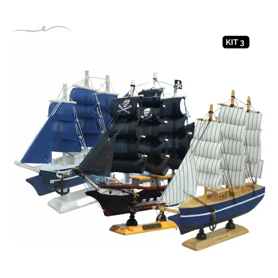 Kit 3 Navios Pirata Preto Branco Veleiro Miniatura Barcos Foto 1