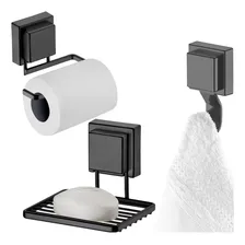 Kit 3 Peças Toalheiro Papeleira Saboneteira Ventosa Preto Foto mini 1