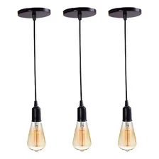 Kit 3 Pendente Lustre Simples Cabo 2metros Soquete Liso E-27 Cor Preto (Fio Preto 2M) Foto  mini 1
