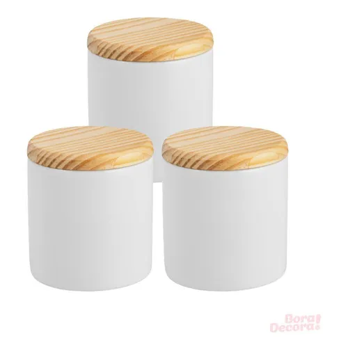 Kit 3 Porta Cotonete Porcelana Com Tampa Madeira Pote Louça Foto 1