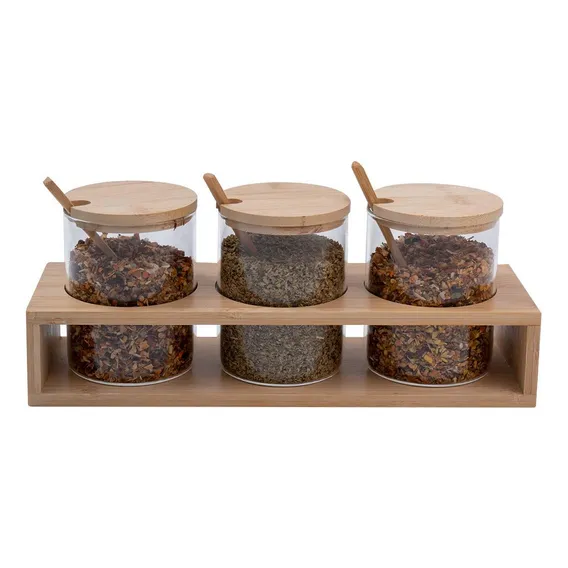 Kit 3 Potes Vidro 300ml, Tampa Bambu Foto 1