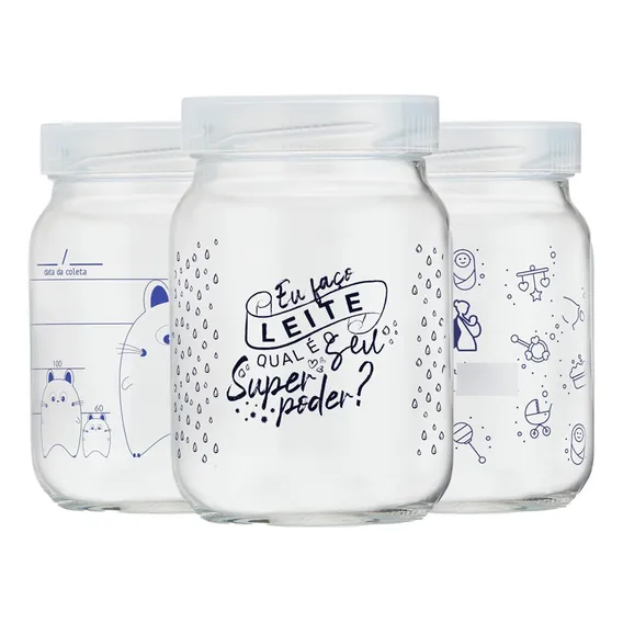 Kit 3 Potes Vidro Armazenar Leite Materno Decorados 200ml Foto 1