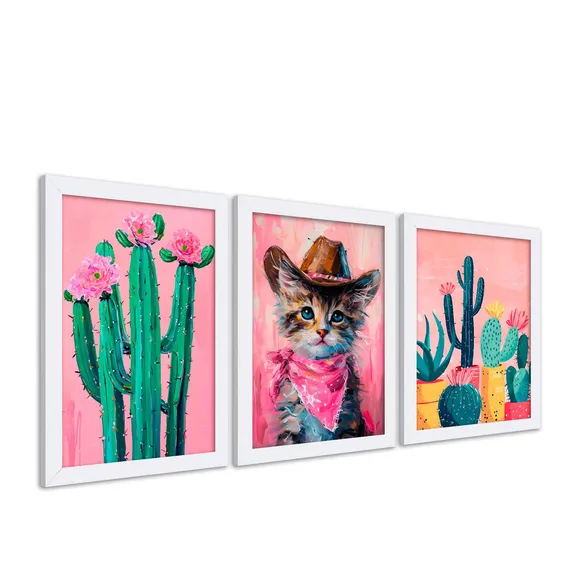 Kit 3 Quadros 24x33cm Cactos E Gato Rosa Arte, Moldura Cor Branco Foto 1