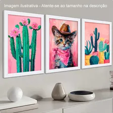 Kit 3 Quadros 24x33cm Cactos E Gato Rosa Arte, Moldura Cor Branco Foto mini  2