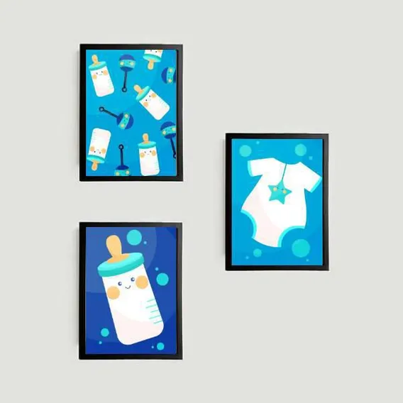 Kit 3 Quadros Infantis Mamadeiras Azuis 24x18cm Preto Foto 1