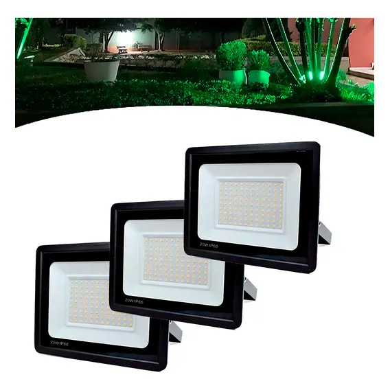 Kit 3 Refletor Led 20w Jardim Verde Holofote Prova D'água Foto 1