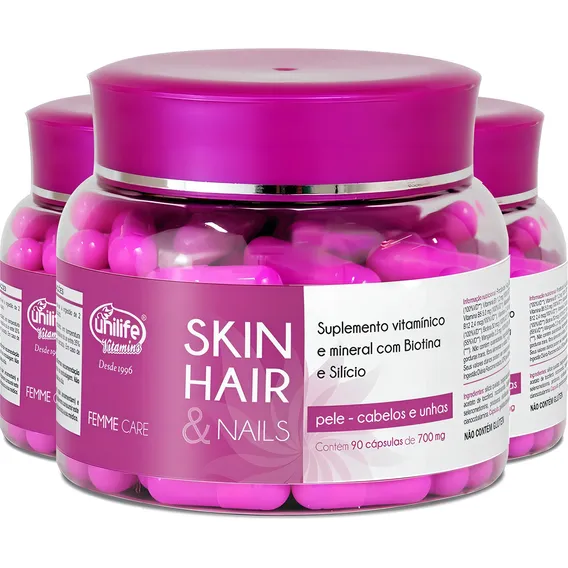 Kit 3 Skin Hair E Nails Femme Care 90 Cáps Unilife Sabor Sem sabor Foto 1