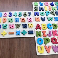 Kit 3 Tabuleiros Encaixe Alfabeto Numeros Madeira Educativo Foto mini 3