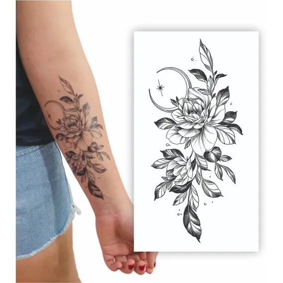 Kit 3 Tatuagens Temporárias | Antebraço | Rosa E Lua Cor Preto Foto 1