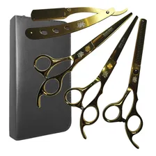 Kit 3 Tesouras Profissionais Cabelo Fio Laser Fio Navalha Desfiadeira + 10 Pentes De Carbono Cor Gold Foto mini 1