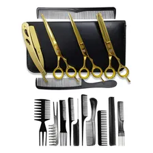 Kit 3 Tesouras Profissionais Cabelo Fio Laser Fio Navalha Desfiadeira + 10 Pentes De Carbono Cor Gold Foto mini 2