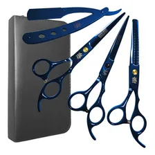 Kit 3 Tesouras Profissionais Cabelo Fio Navalha Fio Laser Desfiadeira + Navalha E Estojo Cor Azul Foto mini 1
