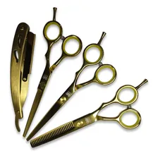 Kit 3 Tesouras Profissionais Cabelo Fio Navalha + Navalha Cor Dourado Foto mini  3