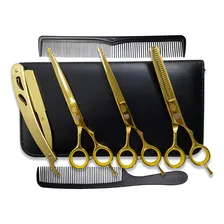 Kit 3 Tesouras Profissionais Cabelo Fio Navalha + Navalha Cor Dourado Foto mini 4