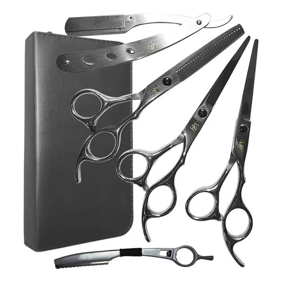 Kit 3 Tesouras Profissionais Cabelo Fio Navalha + Navalha Cor Silver Foto 1