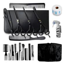 Kit 3 Tesouras Profissionais Fio Laser Navalha E Desfiadeira + Estojo Barbeiro Cabeleireiro Profissional Cor Black Foto  mini 1