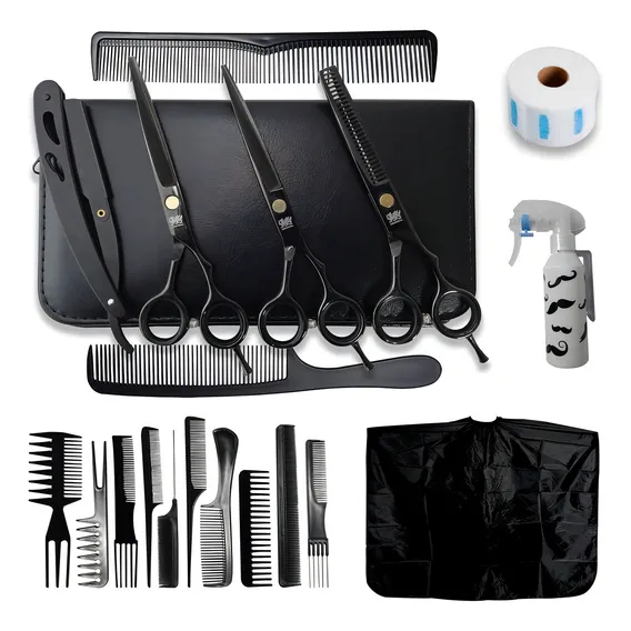 Kit 3 Tesouras Profissionais Fio Laser Navalha E Desfiadeira + Estojo Barbeiro Cabeleireiro Profissional Cor Black Foto 1