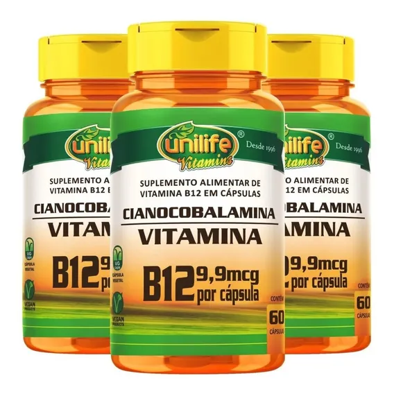 Kit 3 Vitamina B12 Cianocobalamina 180 Caps Vegano Unilife Sabor Kit 3, Sem Sabor Foto 1