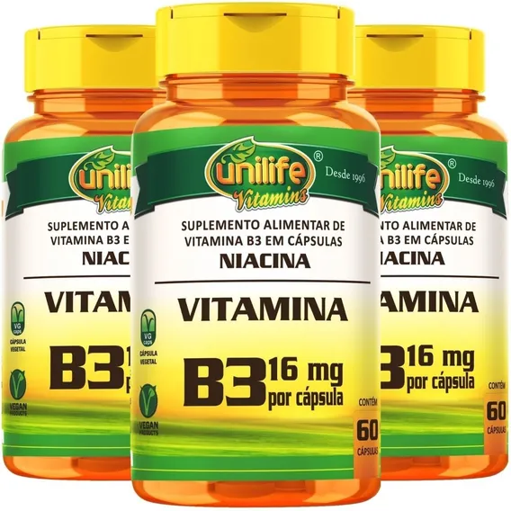 Kit 3 Vitamina B3 Niacina 60 Cápsulas Unilife Sabor Sem Sabor Foto 1