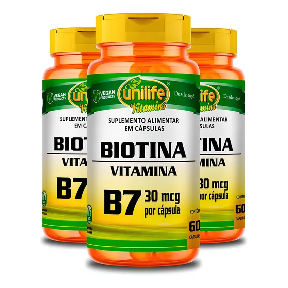 Kit 3 Vitamina B7 Biotina 60 Cápsulas Unilife Sabor Neutro Foto 1
