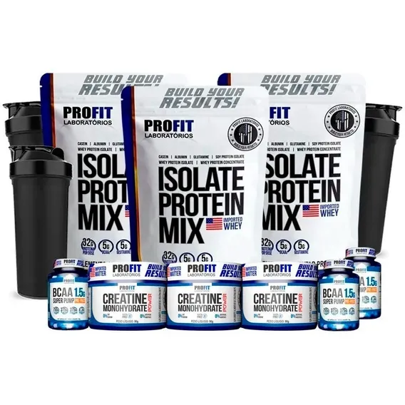 Kit 3 Whey Isolado Profit 900g + 3 Bcaa 3 Creatina 3 Shaker Sabor Banana Com Canela Foto 1