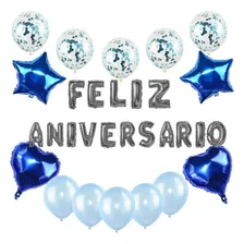 Kit 30 Balão Feliz Aniversário Coração Estrela Bexiga Festa Cor Azul / Prata Foto  mini 1
