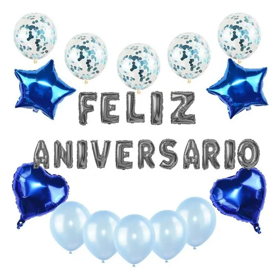 Kit 30 Balão Feliz Aniversário Coração Estrela Bexiga Festa Cor Azul / Prata Foto 1