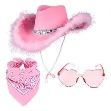 Kit 3un Chapéu Cowboy Rosa Óculos Lenço Country Pluma Festa Foto  mini 1