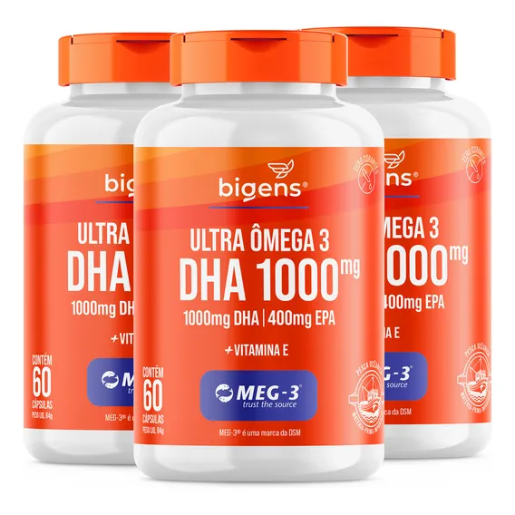 Kit 3x 60 Cápsulas Ultra Ômega 3 Dha 1000mg 400mg Epa Certificado De Segurança Internacional Meg-3 Bigens Foto 1