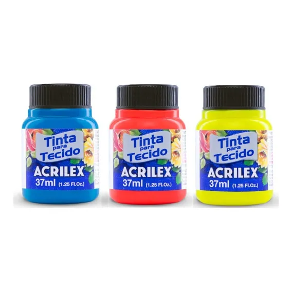 Kit 3x Tinta Para Tecido Fluorescente Acrilex 37ml - Escolha Foto 1