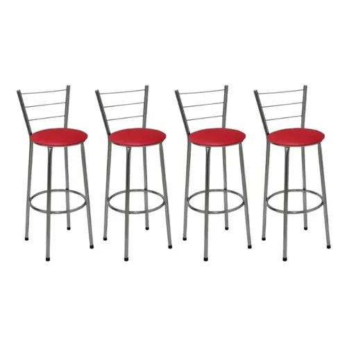 Kit 4 Banquetas Alta Cromada Cozinha Balcão Assento Vermelho Foto 1