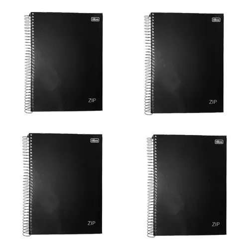 Kit 4 Cadernos 10 Matérias 160fls Espiral Capa Dura Universitário ZIP Tilibra - Preto Foto 1